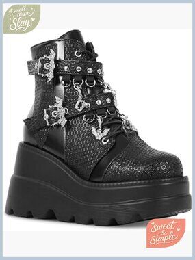 Chunky Ankle Boots Platform Combat Boots DIY Bat Buckle Waterproof